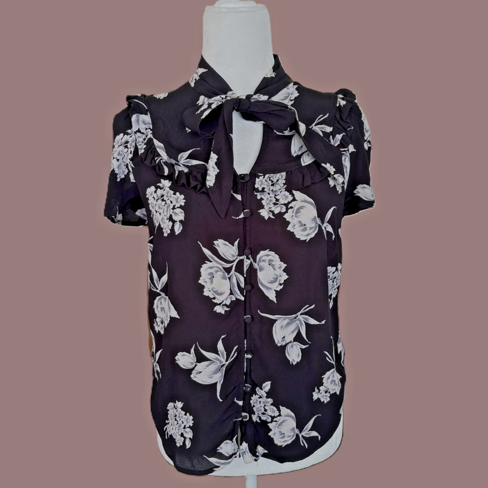 Anthropologie Black Floral Ruffle Blouse Top XS